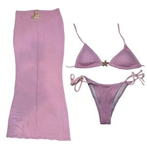 SHEIN Pink Triangle Bikini Top and Skirt Set